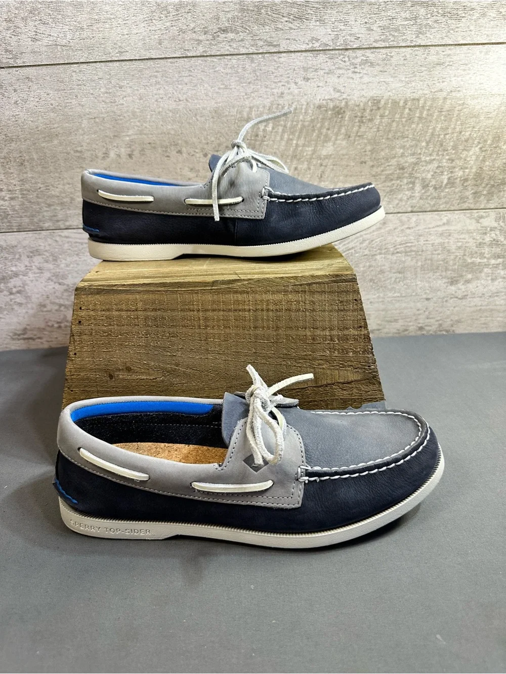 Sperry Authentic Original Plush Washable Boat Shoes Navy Gray Cork Mens Size 9M
